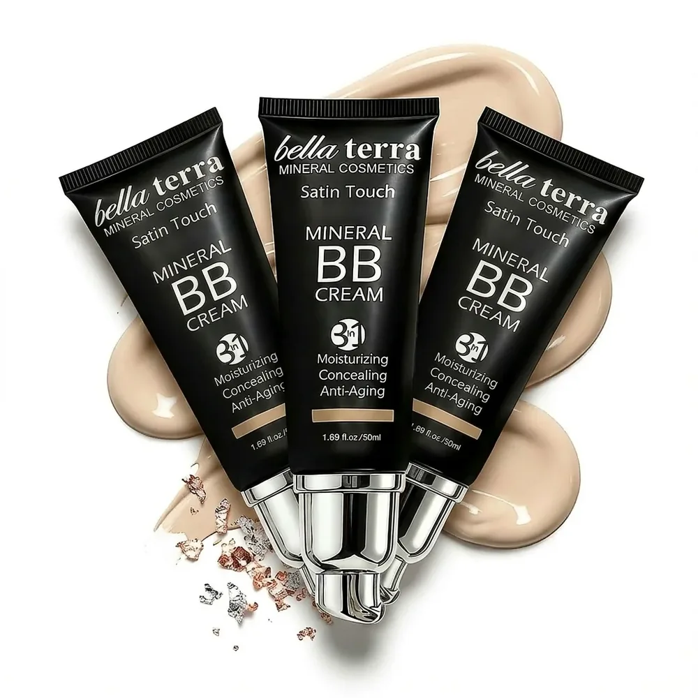 Three tubes of BELLATERRA Mineral BB Cream with cream and powder swatches